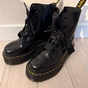 Dr. Martens Black Platform Lace-Up Boots with Yellow Stitching